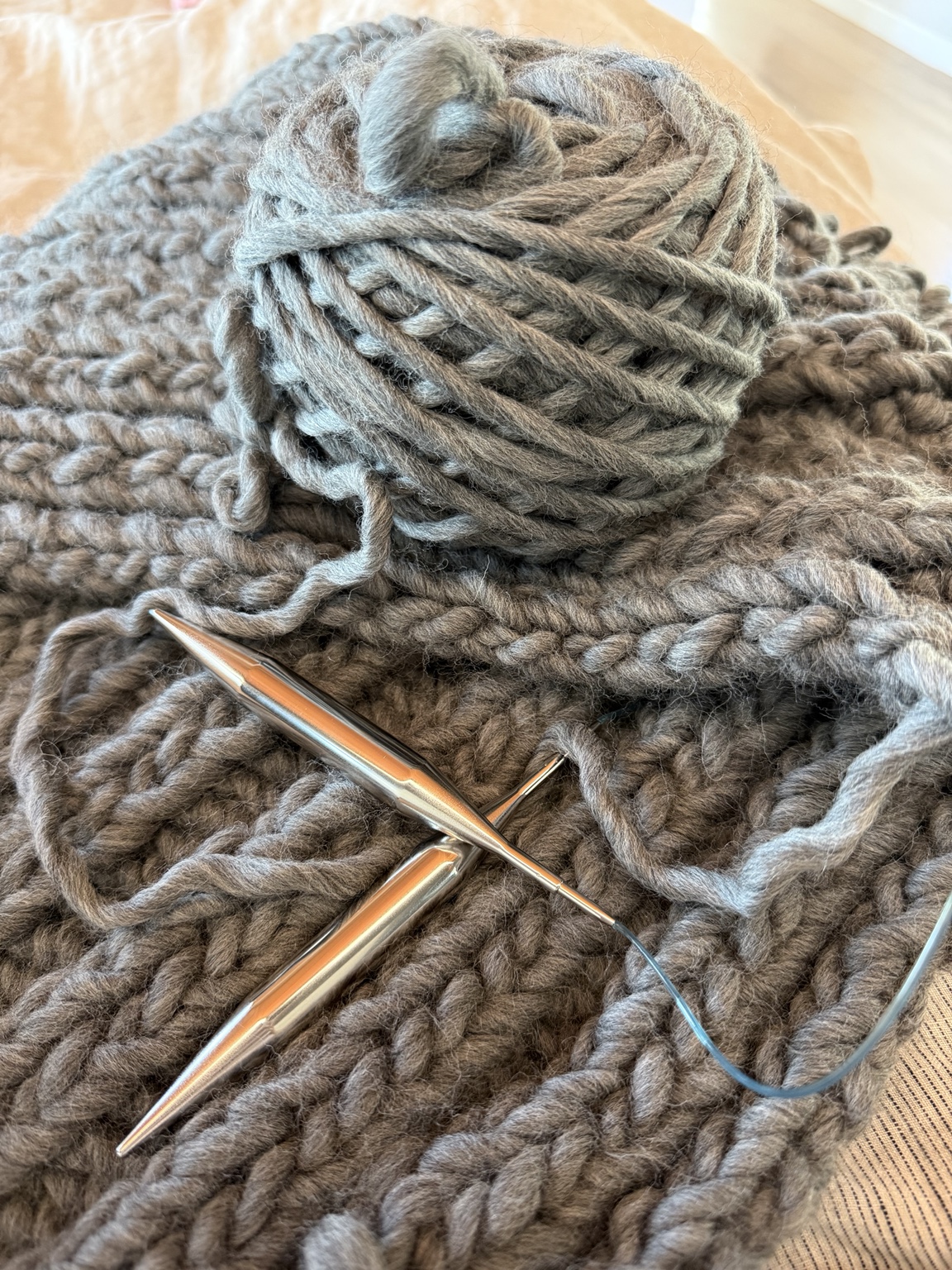 Original work-in-progress photograph of the Cloud Blanket with circular needles
